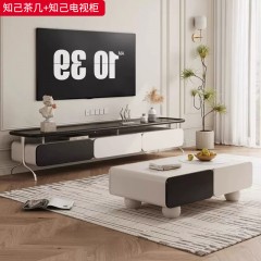 千匠一品 中古风美式复古风格 E1环保板材+钢琴烤漆+烟熏木贴皮+不锈钢脚+亚克力 时尚优雅月牙知己茶几知己电视柜-J
