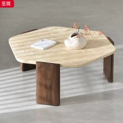 千匠一品 美式复古风格 白蜡木+洞石大理石 时尚优雅至简茶几-J