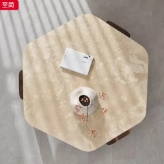 千匠一品 美式复古风格 白蜡木+洞石大理石 时尚优雅至简茶几-J