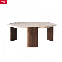 千匠一品 美式复古风格 白蜡木+洞石大理石 时尚优雅至简茶几-J