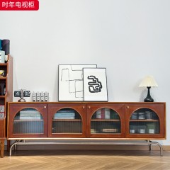 千匠一品 中古风现代简约 E1级多层实木板+木饰面+长虹玻璃+不锈钢底架 时尚优雅时年电视柜-L