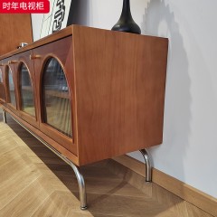 千匠一品 中古风现代简约 E1级多层实木板+木饰面+长虹玻璃+不锈钢底架 时尚优雅时年电视柜-L