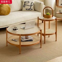 千匠一品 中古侘寂风原木现代简约 白蜡木+长虹玻璃 时尚优雅双层茶几-J