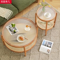 千匠一品 中古侘寂风原木现代简约 白蜡木+长虹玻璃 时尚优雅双层茶几-J