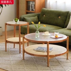 千匠一品 中古侘寂风原木现代简约 白蜡木+长虹玻璃 时尚优雅双层茶几-J