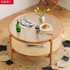 千匠一品 中古侘寂风原木现代简约 白蜡木+长虹玻璃 时尚优雅双层茶几-J