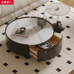 千匠一品 中古奶油风现代简约 亮光白岩板+E1环保板材贴皮+不锈钢 时尚大气点睛茶几-L