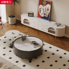 千匠一品 中古奶油风现代简约 亮光白岩板+E1环保板材贴皮+不锈钢 时尚大气点睛茶几-L