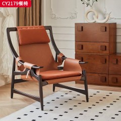 千匠一品 中古风格 白蜡木+马鞍皮 时尚优雅休闲椅CY2179-J