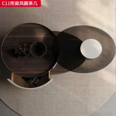 千匠一品 北欧风格 E1级环保板材+烤漆柜体+烟熏木皮+钢化玻璃 时尚大气侘寂风圆茶几C11-L