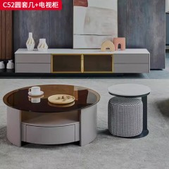 千匠一品 意式风格 钢化玻璃+E1级环保板材+烤漆工艺 岩板+棉麻+碳素钢底座 时尚大气圆套几/电视柜C52-J