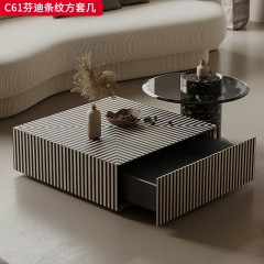 千匠一品 意式风格 E1级环保板材+烤漆工艺+松木绒布抽屉+钢化玻璃 时尚大气芬迪条纹方套几C61-J