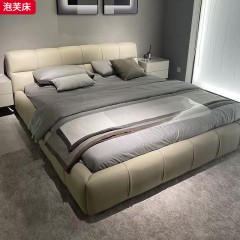 【特价产品】千匠一品 现代风格 麂皮绒布/生态真皮+松木框架+10公分钢木床板 时尚大气泡芙床-L