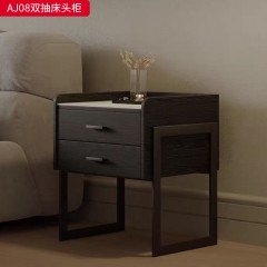 千匠一品 现代风格 E1级环保板+白蜡木皮烟熏皮+岩板+实木抽屉+哑光烤漆+回弹导轨+黑五金底架 时尚大气双抽床头柜AJ08-J