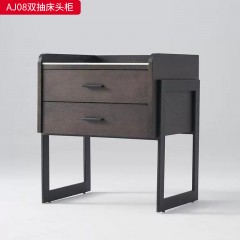 千匠一品 现代风格 E1级环保板+白蜡木皮烟熏皮+岩板+实木抽屉+哑光烤漆+回弹导轨+黑五金底架 时尚大气双抽床头柜AJ08-J