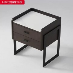 千匠一品 现代风格 E1级环保板+白蜡木皮烟熏皮+岩板+实木抽屉+哑光烤漆+回弹导轨+黑五金底架 时尚大气双抽床头柜AJ08-J