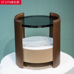 千匠一品 意式风格 E1级环保板材+钢化黑玻+岩板+马鞍皮工艺+回弹导轨 时尚极简床头柜ST137-J