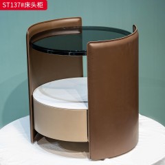 千匠一品 意式风格 E1级环保板材+钢化黑玻+岩板+马鞍皮工艺+回弹导轨 时尚极简床头柜ST137-J