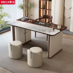 【特价产品】千匠一品 现代风格 面板：全实木复合+框架：全白蜡木+底板：橡胶木贴白蜡木+弧形围板：高档木饰面扪超纤皮 时尚大气茶台R801#-J