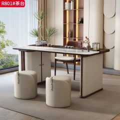 【特价产品】千匠一品 现代风格 面板：全实木复合+框架：全白蜡木+底板：橡胶木贴白蜡木+弧形围板：高档木饰面扪超纤皮 时尚大气茶台R801#-J