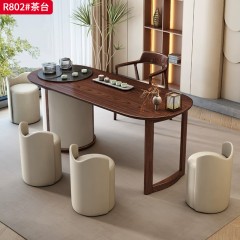 【特价产品】千匠一品 现代风格 全实木复合面板+全白蜡木框架+橡胶木贴白蜡木底板+弧形围板+高档木饰面扪荔枝纹超纤皮 时尚大气茶台R802#-J