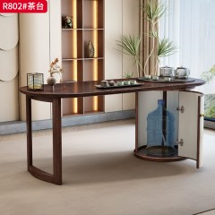 【特价产品】千匠一品 现代风格 全实木复合面板+全白蜡木框架+橡胶木贴白蜡木底板+弧形围板+高档木饰面扪荔枝纹超纤皮 时尚大气茶台R802#-J