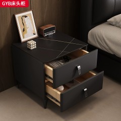 ●千匠一品 意式风格 岩板+松木抽屉+中间板柜筒+碳素钢脚+仿皮 时尚优雅床头柜-GYB-L