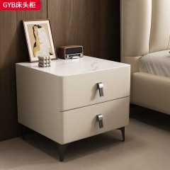 ●千匠一品 意式风格 岩板+松木抽屉+中间板柜筒+碳素钢脚+仿皮 时尚优雅床头柜-GYB-L
