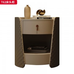 ●【精品】千匠一品 意式轻奢风格 实木多层板+超纤皮+岩板+金属拉手 时尚优雅床头柜T62-L