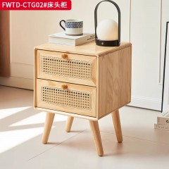 ●千匠一品 中式风格 橡胶木+编藤+实木滑轨 时尚优雅床头柜FWTD-CTG02-J