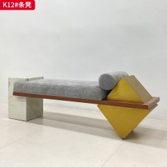 千匠一品 现代风格 岩板+不锈钢底座+实木内框架+高密度高回弹海绵+棉麻面料 时尚大气条凳K12-J