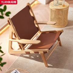 千匠一品 中古风格 白蜡木+马鞍皮 时尚简约休闲椅YL89-J