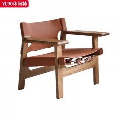 千匠一品 中古风格 白蜡木+马鞍皮 时尚简约休闲椅YL90-J