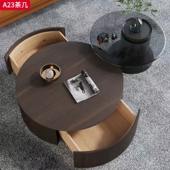 千匠一品 意式极简风格 （岩板可选）+环保中纤板+烟熏木皮饰面+松木抽屉+碳素钢 时尚优雅茶几A23-L