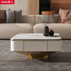 千匠一品 意式轻奢风格 岩板+环保中纤板+松木抽屉+不锈钢底座 时尚优雅茶几A906-L