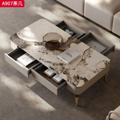 千匠一品 意式轻奢风格 岩板+环保中纤板+松木抽屉+不锈钢底座 时尚优雅茶几A907-L