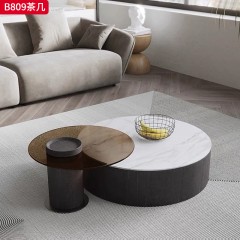 千匠一品 现代极简风格 岩板+环保中纤板贴木纹饰面+松木抽屉+钢化玻璃+碳素钢底座 时尚简约茶几B809-L