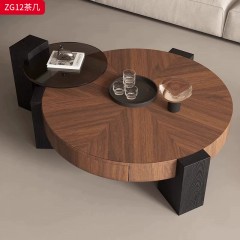 千匠一品 中古风格 中纤板贴胡桃木皮+钢化玻璃 时尚优雅茶几组合ZG12-J