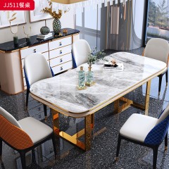 千匠一品 意式轻奢风格 岩板+不锈钢钛金封釉+优质皮艺 时尚大气餐桌JJ511-J