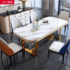 千匠一品 意式轻奢风格 岩板+不锈钢钛金封釉+优质皮艺 时尚大气餐桌JJ511-J