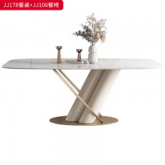 千匠一品 意式轻奢风格 岩板+不锈钢钛金拉丝封釉  PU皮+高密度海绵+不锈钢脚架 时尚优雅餐桌JJ178  餐椅JJ106-L