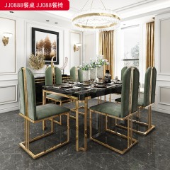 千匠一品 现代轻奢风格 桌材质为不锈钢钛金封釉+岩板 椅子材质为不锈钢+绒布+高密度海绵 时尚简约餐桌 餐椅JJ0888-J
