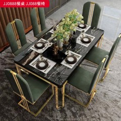 千匠一品 现代轻奢风格 桌材质为不锈钢钛金封釉+岩板 椅子材质为不锈钢+绒布+高密度海绵 时尚简约餐桌 餐椅JJ0888-J