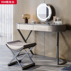 【精品】千匠一品 轻奢意式风格 高光岩板或七星珍石+生态超纤皮包裹实木柜体+不锈钢镀金底架或不锈钢喷枪色底架 时尚简约妆台 妆镜 妆凳99-J