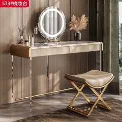 【精品】千匠一品 轻奢意式风格 高光岩板+生态超纤皮包裹全实木柜体+进口亚克力+不锈钢镀金 时尚简约妆台 妆镜 妆凳573-J