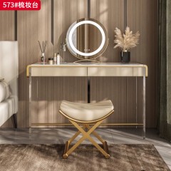 【精品】千匠一品 轻奢意式风格 高光岩板+生态超纤皮包裹全实木柜体+进口亚克力+不锈钢镀金 时尚简约妆台 妆镜 妆凳573-J