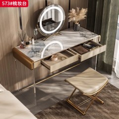 【精品】千匠一品 轻奢意式风格 高光岩板+生态超纤皮包裹全实木柜体+进口亚克力+不锈钢镀金 时尚简约妆台 妆镜 妆凳573-J