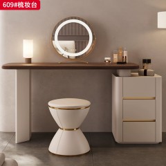 【精品】千匠一品 意式轻奢风格 北美黑胡桃实木贴皮台面+生态超纤皮包裹实木柜体+不锈钢镀金架 时尚优雅梳妆台609-L