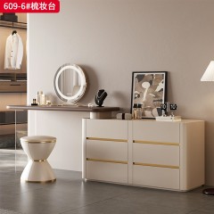 【精品】千匠一品 意式轻奢风格 北美黑胡桃实木贴皮台面+生态超纤皮包裹实木柜体+进口亚克力支架 时尚优雅梳妆台609-6-L