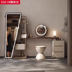 【精品】千匠一品 意式轻奢风格 北美黑胡桃实木贴皮台面+生态超纤皮包裹实木柜体+进口高光镜面+LED三色（可选）+不锈钢镀金架 时尚优雅梳妆台610-1-L